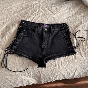 Edikted Black Lace-Up High Waist Denim Shorts